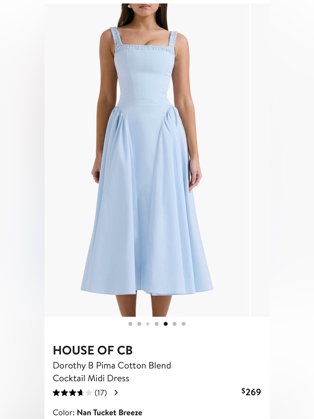 House of CB Dorothy B Pima Cotton-Blend Cocktail Midi Dress in Light Blue SMALL